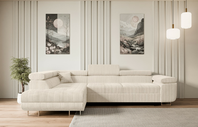 Bezug: Cord, Farbe: Beige - Poso 105, Material: Holzwerkstoff, Stellvariante: Ottomane Links, Stoffbeschreibung: POSO ist ein angenehm anzufühlender Velours mit Kordstruktur (35000 MartindaleZyklen) und leicht zu reinigender Möbellstoff, lichtecht (5) und pillingarm (5), Gewicht 380 g/m2 ±5%, Materialzusammensetzung: 90% Polyseter, 10% Nylon, Pilling Resistenz: 5, Abriebfestigkeit: 5, Scheuerbeständigkeit: 30000 MartindaleZyklen, Ausstattung: Kissen, Zimmer: Wohnzimmer, Stil: Modern, Tiefe: 202 cm, Breite: 272 cm, Höhe: 107 cm, Länge der Schlaffläche: 195 cm, Breite der Schlaffläche: 125 cm, Liegehöhe: 43 cm, Anzahl der Sitzflächen: 4, Sitzfüllung: Wellenfeder + HR35 und T30-Schaum, Art der Rückenkissen: Rückenlehne - feste, Annzahl der Sitzkissen: 3, Anzahl der Zierkissen: 1, Material der Füße: Chrom/Kunststoff, Höhe der Füße: 9 cm, Farbe der Füße: Silberfarben, Tiefe der Armlehnen: 98 cm, Breite der Armlehnen: 28 cm, Höhe der Armlehnen: 63 cm, Breite der Ottomane: 100 cm, Tiefe der Ottomane: 155 cm, Tiefe der Sitzfläche: 70 cm, Sitzhöhe: 43 cm, Art des Stauraumes: Innenfach geschlossen, Schlaffunktion: Mit Schlaffunktion - 1