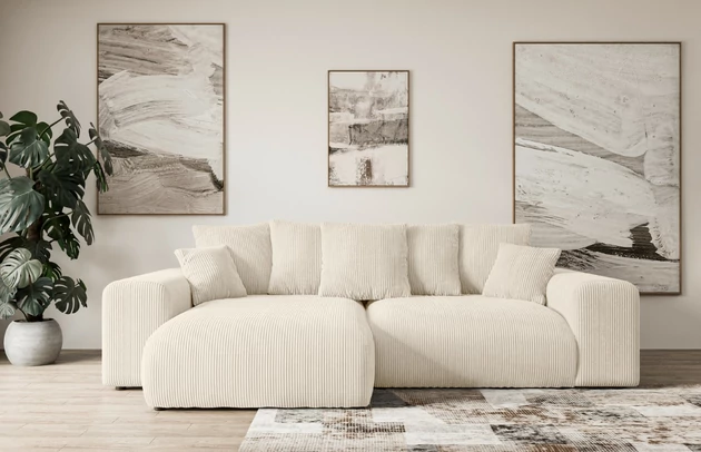 Bezug: Cord, Farbe: Beige - Poso 105, Stellvariante: Ottomane Links, Stoffbeschreibung: POSO ist ein angenehm anzufühlender Velours mit Kordstruktur (35000 MartindaleZyklen) und leicht zu reinigender Möbellstoff, lichtecht (5) und pillingarm (5), Gewicht 380 g/m2 ±5%, Materialzusammensetzung: 90% Polyseter, 10% Nylon, Pilling Resistenz: 5, Abriebfestigkeit: 4, Scheuerbeständigkeit: 30000 Martindale-Zyklen, Ausstattung: Kissen, Zimmer: Wohnzimmer, Tiefe: 176 cm, Breite: 266 cm, Höhe: 72 cm, Länge der Schlaffläche: 196 cm, Breite der Schlaffläche: 150-cm, Liegehöhe: 45 cm, Anzahl der Sitzflächen: 4, Sitzfüllung: Wellenfeder, Anzahl der Rückenkissen: 5, Art der Rückenkissen: Rückenkissen, Annzahl der Sitzkissen: 2, Anzahl der Zierkissen: 2, Material der Füße: Kunststoff, Höhe der Füße: 5 cm, Farbe der Füße: Schwarz, Tiefe der Armlehnen: 126 cm, Breite der Armlehnen: 32 cm, Höhe der Armlehnen: 57 cm, Breite der Ottomane: 100 cm, Tiefe der Ottomane: 160 cm, Tiefe der Sitzfläche: 116 cm, Sitzhöhe: 45 cm, Art des Stauraumes: Innenfach geschlossen - 1