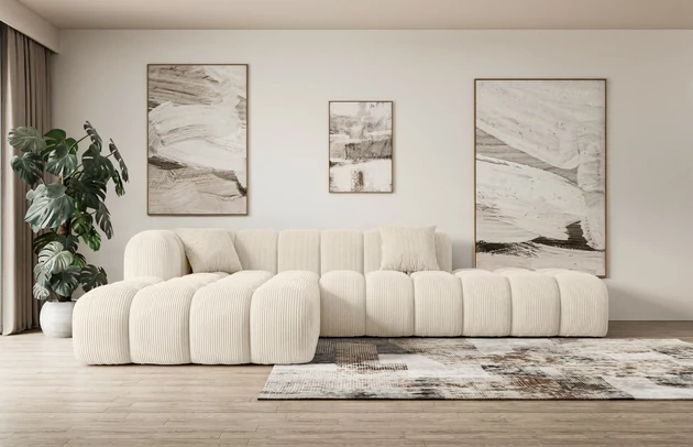 Bezug: Cord, Farbe: Beige - Poso 105, Stellvariante: Ottomane Links, Stoffbeschreibung: POSO ist ein angenehm anzufühlender Velours mit Kordstruktur (35000 MartindaleZyklen) und leicht zu reinigender Möbellstoff, lichtecht (5) und pillingarm (5), Gewicht 380 g/m2 ±5%, Materialzusammensetzung: 90% Polyseter, 10% Nylon, Pilling Resistenz: 5, Abriebfestigkeit: 5, Scheuerbeständigkeit: 30000 Martindale-Zyklen, Ausstattung: Kissen, Zimmer: Wohnzimmer, Tiefe: 176 cm, Breite: 289 cm, Höhe: 71 cm, Anzahl der Sitzflächen: 6, Sitzfüllung: Wellenfeder + HR35 und T30-Schaum, Anzahl der Rückenkissen: Nicht zutreffend, Art der Rückenkissen: Rückenlehne - feste, Annzahl der Sitzkissen: 2, Anzahl der Zierkissen: 2, Tiefe der Armlehnen: 91 cm, Breite der Armlehnen: 28,5 cm, Höhe der Armlehnen: 71 cm, Breite der Ottomane: 118 cm, Tiefe der Ottomane: 145 cm, Tiefe der Sitzfläche: 60 cm, Sitzhöhe: 44 cm - 1