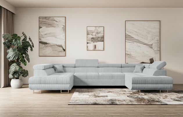 Bezug: Cord, Farbe: Grau - Poso 110, Material: Holzwerkstoff, Stellvariante: U-Form, Stoffbeschreibung: POSO ist ein angenehm anzufühlender Velours mit Kordstruktur (35000 MartindaleZyklen) und leicht zu reinigender Möbellstoff, lichtecht (5) und pillingarm (5), Gewicht 380 g/m2 ±5%, Materialzusammensetzung: 90% Polyseter, 10% Nylon, Pilling Resistenz: 5, Abriebfestigkeit: 5, Scheuerbeständigkeit: 30000 MartindaleZyklen, Ausstattung: Kissen, Zimmer: Wohnzimmer, Stil: Modern, Tiefe: 202 cm, Breite: 342 cm, Höhe: 107 cm, Länge der Schlaffläche: 250 cm, Breite der Schlaffläche: 125 cm, Liegehöhe: 43 cm, Anzahl der Sitzflächen: 6, Sitzfüllung: Wellenfeder + HR35 und T30-Schaum, Art der Rückenkissen: Rückenlehne - feste, Annzahl der Sitzkissen: 4, Anzahl der Zierkissen: 2, Material der Füße: Chrom/Kunststoff, Höhe der Füße: 9 cm, Farbe der Füße: Silberfarben, Tiefe der Armlehnen: 98 cm, Breite der Armlehnen: 28 cm, Höhe der Armlehnen: 63 cm, Breite der Ottomane: 100 cm, Tiefe der Ottomane: 155 cm, Tiefe der Sitzfläche: 70 cm, Sitzhöhe: 43 cm, Art des Stauraumes: Innenfach geschlossen, Schlaffunktion: Mit Schlaffunktion - 1