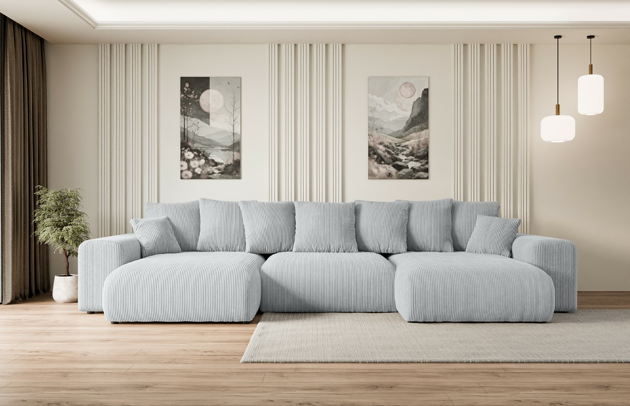 Bezug: Cord, Farbe: Grau - Poso 110, Material: Holzwerkstoff, Stellvariante: U-Form, Stoffbeschreibung: POSO ist ein angenehm anzufühlender Velours mit Kordstruktur (35000 MartindaleZyklen) und leicht zu reinigender Möbellstoff, lichtecht (5) und pillingarm (5), Gewicht 380 g/m2 ±5%, Materialzusammensetzung: 90% Polyseter, 10% Nylon, Pilling Resistenz: 5, Abriebfestigkeit: 5, Scheuerbeständigkeit: 30000 MartindaleZyklen, Ausstattung: Kissen, Zimmer: Wohnzimmer, Tiefe: 176 cm, Breite: 364 cm, Höhe: 72 cm, Länge der Schlaffläche: 295 cm, Breite der Schlaffläche: 150 cm, Liegehöhe: 45 cm, Anzahl der Sitzflächen: 6, Sitzfüllung: Wellenfeder + HR35 und T30-Schaum, Anzahl der Rückenkissen: 7, Art der Rückenkissen: Rückenkissen, Annzahl der Sitzkissen: 3, Anzahl der Zierkissen: 2, Material der Füße: Kunststoff, Höhe der Füße: 4,5 cm, Farbe der Füße: Schwarz, Tiefe der Armlehnen: 126 cm, Breite der Armlehnen: 32 cm, Höhe der Armlehnen: 57 cm, Breite der Ottomane: 100 cm, Tiefe der Ottomane: 160 cm, Tiefe der Sitzfläche: 116 cm, Sitzhöhe: 45 cm, Art des Stauraumes: Innenfach geschlossen, Schlaffunktion: Mit Schlaffunktion - 1