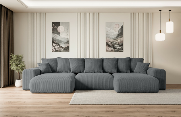 Bezug: Cord, Farbe: Dunkelgrau - Poso 115, Material: Holzwerkstoff, Stellvariante: U-Form, Stoffbeschreibung: POSO ist ein angenehm anzufühlender Velours mit Kordstruktur (35000 MartindaleZyklen) und leicht zu reinigender Möbellstoff, lichtecht (5) und pillingarm (5), Gewicht 380 g/m2 ±5%, Materialzusammensetzung: 90% Polyseter, 10% Nylon, Pilling Resistenz: 5, Abriebfestigkeit: 5, Scheuerbeständigkeit: 30000 MartindaleZyklen, Ausstattung: Kissen, Zimmer: Wohnzimmer, Tiefe: 176 cm, Breite: 364 cm, Höhe: 72 cm, Länge der Schlaffläche: 295 cm, Breite der Schlaffläche: 150 cm, Liegehöhe: 45 cm, Anzahl der Sitzflächen: 6, Sitzfüllung: Wellenfeder + HR35 und T30-Schaum, Anzahl der Rückenkissen: 7, Art der Rückenkissen: Rückenkissen, Annzahl der Sitzkissen: 3, Anzahl der Zierkissen: 2, Material der Füße: Kunststoff, Höhe der Füße: 4,5 cm, Farbe der Füße: Schwarz, Tiefe der Armlehnen: 126 cm, Breite der Armlehnen: 32 cm, Höhe der Armlehnen: 57 cm, Breite der Ottomane: 100 cm, Tiefe der Ottomane: 160 cm, Tiefe der Sitzfläche: 116 cm, Sitzhöhe: 45 cm, Art des Stauraumes: Innenfach geschlossen, Schlaffunktion: Mit Schlaffunktion - 1