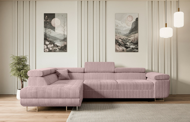 Bezug: Cord, Farbe: Rosa - Poso 145, Material: Holzwerkstoff, Stellvariante: Ottomane Links, Stoffbeschreibung: POSO ist ein angenehm anzufühlender Velours mit Kordstruktur (35000 MartindaleZyklen) und leicht zu reinigender Möbellstoff, lichtecht (5) und pillingarm (5), Gewicht 380 g/m2 ±5%, Materialzusammensetzung: 90% Polyseter, 10% Nylon, Pilling Resistenz: 5, Abriebfestigkeit: 5, Scheuerbeständigkeit: 30000 MartindaleZyklen, Ausstattung: Kissen, Zimmer: Wohnzimmer, Stil: Modern, Tiefe: 202 cm, Breite: 272 cm, Höhe: 107 cm, Länge der Schlaffläche: 195 cm, Breite der Schlaffläche: 125 cm, Liegehöhe: 43 cm, Anzahl der Sitzflächen: 4, Sitzfüllung: Wellenfeder + HR35 und T30-Schaum, Art der Rückenkissen: Rückenlehne - feste, Annzahl der Sitzkissen: 3, Anzahl der Zierkissen: 1, Material der Füße: Chrom/Kunststoff, Höhe der Füße: 9 cm, Farbe der Füße: Silberfarben, Tiefe der Armlehnen: 98 cm, Breite der Armlehnen: 28 cm, Höhe der Armlehnen: 63 cm, Breite der Ottomane: 100 cm, Tiefe der Ottomane: 155 cm, Tiefe der Sitzfläche: 70 cm, Sitzhöhe: 43 cm, Art des Stauraumes: Innenfach geschlossen, Schlaffunktion: Mit Schlaffunktion - 1