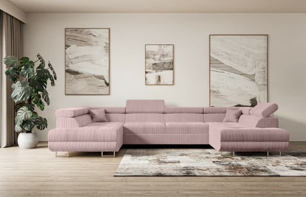 Bezug: Cord, Farbe: Rosa - Poso 145, Material: Holzwerkstoff, Stellvariante: U-Form, Stoffbeschreibung: POSO ist ein angenehm anzufühlender Velours mit Kordstruktur (35000 MartindaleZyklen) und leicht zu reinigender Möbellstoff, lichtecht (5) und pillingarm (5), Gewicht 380 g/m2 ±5%, Materialzusammensetzung: 90% Polyseter, 10% Nylon, Pilling Resistenz: 5, Abriebfestigkeit: 5, Scheuerbeständigkeit: 30000 MartindaleZyklen, Ausstattung: Kissen, Zimmer: Wohnzimmer, Stil: Modern, Tiefe: 202 cm, Breite: 342 cm, Höhe: 107 cm, Länge der Schlaffläche: 250 cm, Breite der Schlaffläche: 125 cm, Liegehöhe: 43 cm, Anzahl der Sitzflächen: 6, Sitzfüllung: Wellenfeder + HR35 und T30-Schaum, Art der Rückenkissen: Rückenlehne - feste, Annzahl der Sitzkissen: 4, Anzahl der Zierkissen: 2, Material der Füße: Chrom/Kunststoff, Höhe der Füße: 9 cm, Farbe der Füße: Silberfarben, Tiefe der Armlehnen: 98 cm, Breite der Armlehnen: 28 cm, Höhe der Armlehnen: 63 cm, Breite der Ottomane: 100 cm, Tiefe der Ottomane: 155 cm, Tiefe der Sitzfläche: 70 cm, Sitzhöhe: 43 cm, Art des Stauraumes: Innenfach geschlossen, Schlaffunktion: Mit Schlaffunktion - 1