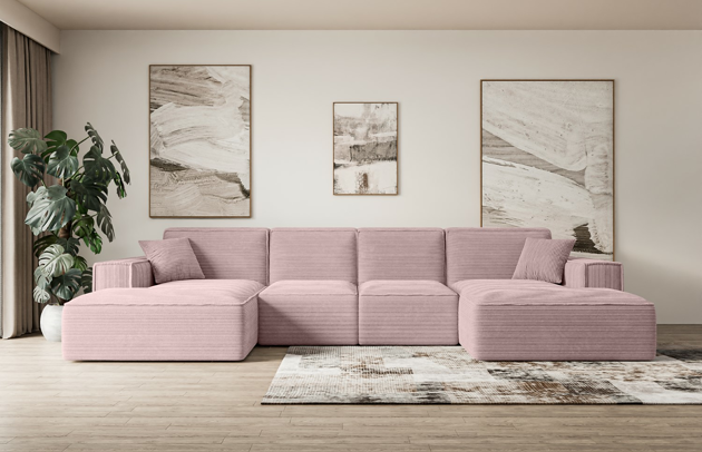 Bezug: Cord, Farbe: Rosa - Poso 145, Stellvariante: U-Form, Stoffbeschreibung: POSO ist ein angenehm anzufühlender Velours mit Kordstruktur (35000 MartindaleZyklen) und leicht zu reinigender Möbellstoff, lichtecht (5) und pillingarm (5), Gewicht 380 g/m2 ±5%, Materialzusammensetzung: 90% Polyseter, 10% Nylon, Pilling Resistenz: 5, Abriebfestigkeit: 5, Scheuerbeständigkeit: 30000 Martindale-Zyklen, Ausstattung: Kissen, Zimmer: Wohnzimmer, Tiefe: 169 cm, Breite: 349 cm, Höhe: 80 cm, Schlaffunktion: Ohne Schlaffunktion, Länge der Schlaffläche: Nicht zutreffend, Breite der Schlaffläche: Nicht zutreffend, Liegehöhe: Nicht zutreffend, Anzahl der Sitzflächen: 6, Sitzfüllung: Wellenfeder + HR35 und T30-Schaum, Anzahl der Rückenkissen: 4, Art der Rückenkissen: Rückenlehne - feste, Annzahl der Sitzkissen: 4, Anzahl der Zierkissen: 2, Tiefe der Armlehnen: 94 cm, Breite der Armlehnen: 25 cm, Höhe der Armlehnen: 56 cm, Breite der Ottomane: 109 cm, Tiefe der Ottomane: 143 cm, Tiefe der Sitzfläche: 65 cm, Sitzhöhe: 41 cm, Art des Stauraumes: Nicht zutreffend - 1