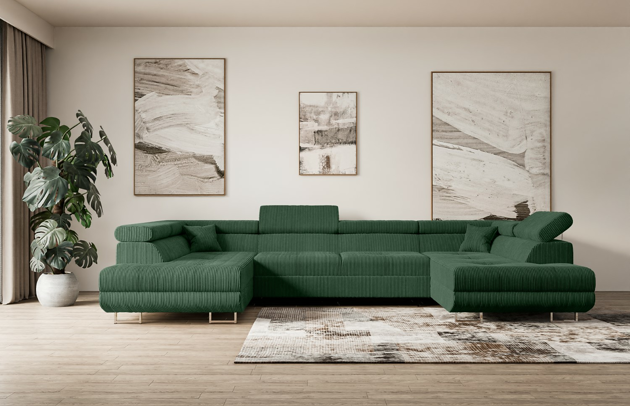 Bezug: Cord, Farbe: Grün - Poso 14, Material: Holzwerkstoff, Stellvariante: U-Form, Stoffbeschreibung: POSO ist ein angenehm anzufühlender Velours mit Kordstruktur (35000 MartindaleZyklen) und leicht zu reinigender Möbellstoff, lichtecht (5) und pillingarm (5), Gewicht 380 g/m2 ±5%, Materialzusammensetzung: 90% Polyseter, 10% Nylon, Pilling Resistenz: 5, Abriebfestigkeit: 5, Scheuerbeständigkeit: 30000 MartindaleZyklen, Ausstattung: Kissen, Zimmer: Wohnzimmer, Stil: Modern, Tiefe: 202 cm, Breite: 342 cm, Höhe: 107 cm, Länge der Schlaffläche: 250 cm, Breite der Schlaffläche: 125 cm, Liegehöhe: 43 cm, Anzahl der Sitzflächen: 6, Sitzfüllung: Wellenfeder + HR35 und T30-Schaum, Art der Rückenkissen: Rückenlehne - feste, Annzahl der Sitzkissen: 4, Anzahl der Zierkissen: 2, Material der Füße: Chrom/Kunststoff, Höhe der Füße: 9 cm, Farbe der Füße: Silberfarben, Tiefe der Armlehnen: 98 cm, Breite der Armlehnen: 28 cm, Höhe der Armlehnen: 63 cm, Breite der Ottomane: 100 cm, Tiefe der Ottomane: 155 cm, Tiefe der Sitzfläche: 70 cm, Sitzhöhe: 43 cm, Art des Stauraumes: Innenfach geschlossen, Schlaffunktion: Mit Schlaffunktion - 1