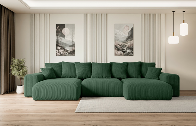 Bezug: Cord, Farbe: Grün - Poso 14, Material: Holzwerkstoff, Stellvariante: U-Form, Stoffbeschreibung: POSO ist ein angenehm anzufühlender Velours mit Kordstruktur (35000 MartindaleZyklen) und leicht zu reinigender Möbellstoff, lichtecht (5) und pillingarm (5), Gewicht 380 g/m2 ±5%, Materialzusammensetzung: 90% Polyseter, 10% Nylon, Pilling Resistenz: 5, Abriebfestigkeit: 5, Scheuerbeständigkeit: 30000 MartindaleZyklen, Ausstattung: Kissen, Zimmer: Wohnzimmer, Tiefe: 176 cm, Breite: 364 cm, Höhe: 72 cm, Länge der Schlaffläche: 295 cm, Breite der Schlaffläche: 150 cm, Liegehöhe: 45 cm, Anzahl der Sitzflächen: 6, Sitzfüllung: Wellenfeder + HR35 und T30-Schaum, Anzahl der Rückenkissen: 7, Art der Rückenkissen: Rückenkissen, Annzahl der Sitzkissen: 3, Anzahl der Zierkissen: 2, Material der Füße: Kunststoff, Höhe der Füße: 4,5 cm, Farbe der Füße: Schwarz, Tiefe der Armlehnen: 126 cm, Breite der Armlehnen: 32 cm, Höhe der Armlehnen: 57 cm, Breite der Ottomane: 100 cm, Tiefe der Ottomane: 160 cm, Tiefe der Sitzfläche: 116 cm, Sitzhöhe: 45 cm, Art des Stauraumes: Innenfach geschlossen, Schlaffunktion: Mit Schlaffunktion - 1