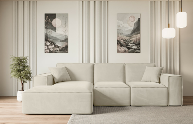 Bezug: Samt, Farbe: Beige - Paros 01, Stellvariante: Ottomane Links, Stoffbeschreibung: paros-ist-ein-sehr-weicher-mobelstoff-mit-einer-angenehmen-haptik-50-000-martindale-zyklen-100-pes-pillingarm4-5-reibecht4-5-lichtecht67-gewicht-260-g-m2-±5, Materialzusammensetzung: 100% Polyseter, Pilling Resistenz: 5, Abriebfestigkeit: 5, Scheuerbeständigkeit: 50000 Martindale-Zyklen, Ausstattung: Kissen, Zimmer: Wohnzimmer, Tiefe: 169 cm, Breite: 266 cm, Höhe: 80 cm, Schlaffunktion: Ohne Schlaffunktion, Länge der Schlaffläche: Nicht zutreffend, Breite der Schlaffläche: Nicht zutreffend, Liegehöhe: Nicht zutreffend, Anzahl der Sitzflächen: 4, Sitzfüllung: Wellenfeder + HR35 und T30-Schaum, Anzahl der Rückenkissen: 3, Art der Rückenkissen: Rückenlehne - feste, Annzahl der Sitzkissen: 3, Anzahl der Zierkissen: 2, Tiefe der Armlehnen: 94 cm, Breite der Armlehnen: 25 cm, Höhe der Armlehnen: 56 cm, Breite der Ottomane: 109 cm, Tiefe der Ottomane: 143 cm, Tiefe der Sitzfläche: 65 cm, Sitzhöhe: 41 cm, Art des Stauraumes: Nicht zutreffend - 1