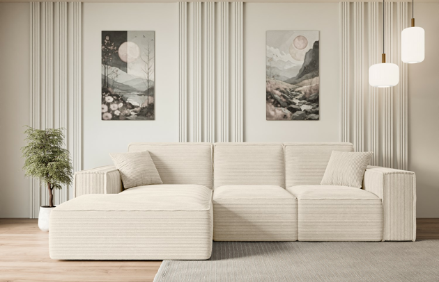 Bezug: Cord, Farbe: Beige - Poso 105, Stellvariante: Ottomane Links, Stoffbeschreibung: POSO ist ein angenehm anzufühlender Velours mit Kordstruktur (35000 MartindaleZyklen) und leicht zu reinigender Möbellstoff, lichtecht (5) und pillingarm (5), Gewicht 380 g/m2 ±5%, Materialzusammensetzung: 90% Polyseter, 10% Nylon, Pilling Resistenz: 5, Abriebfestigkeit: 5, Scheuerbeständigkeit: 30000 Martindale-Zyklen, Ausstattung: Kissen, Zimmer: Wohnzimmer, Tiefe: 169 cm, Breite: 266 cm, Höhe: 80 cm, Schlaffunktion: Ohne Schlaffunktion, Länge der Schlaffläche: Nicht zutreffend, Breite der Schlaffläche: Nicht zutreffend, Liegehöhe: Nicht zutreffend, Anzahl der Sitzflächen: 4, Sitzfüllung: Wellenfeder + HR35 und T30-Schaum, Anzahl der Rückenkissen: 3, Art der Rückenkissen: Rückenlehne - feste, Annzahl der Sitzkissen: 3, Anzahl der Zierkissen: 2, Tiefe der Armlehnen: 94 cm, Breite der Armlehnen: 25 cm, Höhe der Armlehnen: 56 cm, Breite der Ottomane: 109 cm, Tiefe der Ottomane: 143 cm, Tiefe der Sitzfläche: 65 cm, Sitzhöhe: 41 cm, Art des Stauraumes: Nicht zutreffend - 1