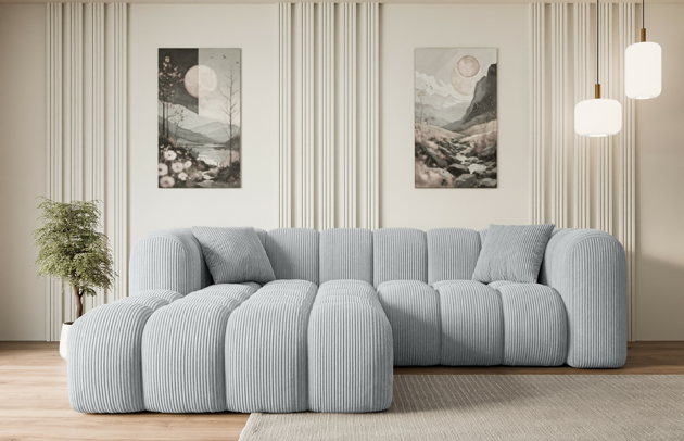 Bezug: Cord, Farbe: Grau - Poso 110, Stellvariante: Ottomane Links, Stoffbeschreibung: POSO ist ein angenehm anzufühlender Velours mit Kordstruktur (35000 MartindaleZyklen) und leicht zu reinigender Möbellstoff, lichtecht (5) und pillingarm (5), Gewicht 380 g/m2 ±5%, Materialzusammensetzung: 90% Polyseter, 10% Nylon, Pilling Resistenz: 5, Abriebfestigkeit: 5, Scheuerbeständigkeit: 30000 Martindale-Zyklen, Ausstattung: Kissen, Zimmer: Wohnzimmer, Tiefe: 173 cm, Breite: 231 cm, Höhe: 74 cm, Anzahl der Sitzflächen: 5, Sitzfüllung: Wellenfeder + HR35 und T30-Schaum, Anzahl der Rückenkissen: Nicht zutreffend, Art der Rückenkissen: Rückenlehne - feste, Annzahl der Sitzkissen: 2, Anzahl der Zierkissen: 2, Tiefe der Armlehnen: 88 cm, Breite der Armlehnen: 29 cm, Höhe der Armlehnen: 74 cm, Breite der Ottomane: 119 cm, Tiefe der Ottomane: 150 cm, Tiefe der Sitzfläche: 65 cm, Sitzhöhe: 44 cm - 1