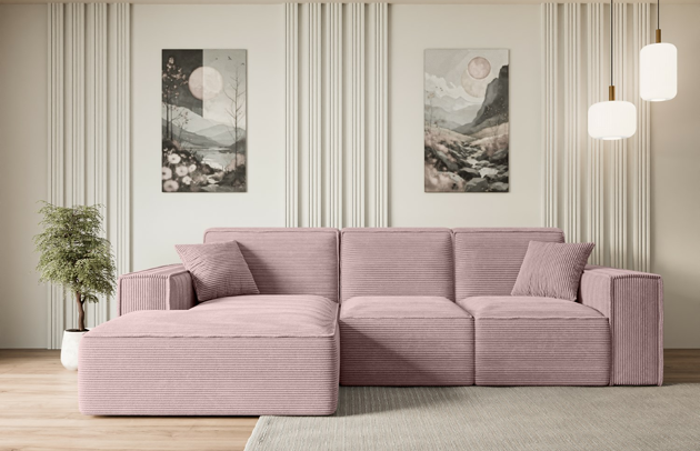Bezug: Cord, Farbe: Rosa - Poso 145, Stellvariante: Ottomane Links, Stoffbeschreibung: POSO ist ein angenehm anzufühlender Velours mit Kordstruktur (35000 MartindaleZyklen) und leicht zu reinigender Möbellstoff, lichtecht (5) und pillingarm (5), Gewicht 380 g/m2 ±5%, Materialzusammensetzung: 90% Polyseter, 10% Nylon, Pilling Resistenz: 5, Abriebfestigkeit: 5, Scheuerbeständigkeit: 30000 Martindale-Zyklen, Ausstattung: Kissen, Zimmer: Wohnzimmer, Tiefe: 169 cm, Breite: 266 cm, Höhe: 80 cm, Schlaffunktion: Ohne Schlaffunktion, Länge der Schlaffläche: Nicht zutreffend, Breite der Schlaffläche: Nicht zutreffend, Liegehöhe: Nicht zutreffend, Anzahl der Sitzflächen: 4, Anzahl der Rückenkissen: 3, Art der Rückenkissen: Rückenlehne - feste, Annzahl der Sitzkissen: 3, Anzahl der Zierkissen: 2, Tiefe der Armlehnen: 94 cm, Breite der Armlehnen: 25 cm, Höhe der Armlehnen: 56 cm, Breite der Ottomane: 109 cm, Tiefe der Ottomane: 143 cm, Tiefe der Sitzfläche: 65 cm, Sitzhöhe: 41 cm, Art des Stauraumes: Nicht zutreffend - 1