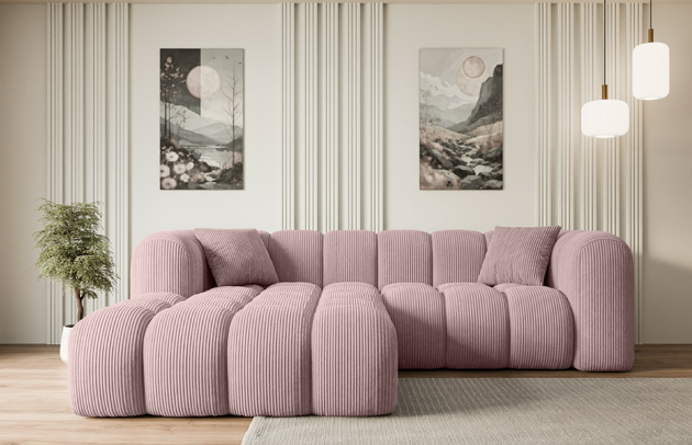 Bezug: Cord, Farbe: Rosa - Poso 145, Stellvariante: Ottomane Links, Stoffbeschreibung: POSO ist ein angenehm anzufühlender Velours mit Kordstruktur (35000 MartindaleZyklen) und leicht zu reinigender Möbellstoff, lichtecht (5) und pillingarm (5), Gewicht 380 g/m2 ±5%, Materialzusammensetzung: 90% Polyseter, 10% Nylon, Pilling Resistenz: 5, Abriebfestigkeit: 5, Scheuerbeständigkeit: 30000 Martindale-Zyklen, Ausstattung: Kissen, Zimmer: Wohnzimmer, Tiefe: 173 cm, Breite: 231 cm, Höhe: 74 cm, Anzahl der Sitzflächen: 5, Sitzfüllung: Wellenfeder + HR35 und T30-Schaum, Anzahl der Rückenkissen: Nicht zutreffend, Art der Rückenkissen: Rückenlehne - feste, Annzahl der Sitzkissen: 2, Anzahl der Zierkissen: 2, Tiefe der Armlehnen: 88 cm, Breite der Armlehnen: 29 cm, Höhe der Armlehnen: 74 cm, Breite der Ottomane: 119 cm, Tiefe der Ottomane: 150 cm, Tiefe der Sitzfläche: 65 cm, Sitzhöhe: 44 cm - 1