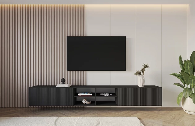 Material: Holzwerkstoff, Material der Rückwand: MDF, Ausführung: Hängend, Größe: 3 x 100 cm, Farbe: Schwarz, Zimmer: Wohnzimmer, Anzahl der Türen: 4, Front-Typ: Gefräste, Art der Griffe: Griffleiste, Art der Türen: Klapptür, Breite: 300 cm, Tiefe: 40 cm, Höhe: 40 cm, Geschlossene Fächer: 8, Offene Fächer: 4, Anzahl der Teile: 3 - 1