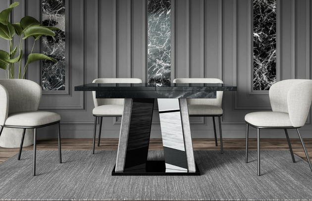 Zimmer: Esszimmer, Oberflächenoptik: Glänzend, Ausgeklappter Tisch: 160 cm, Art des Gestells: V-Gestell, Breite der Tischplatte: 120 cm, Farbe der Tischplatte: Schwarz, Erweiterungselemente: 1, Art der Erweiterung: Einlegeplatte, Dicke der Tischplatte: 3,2 cm, Form: rechteckig, Anzahl der Beine: 1, Material der Gestells: Holzwerkstoff, Farbe: Hochglanz Schwarz / Betonoptik, Farbe des Gestells: Schwarz Grau, Breite: 120 cm, Tiefe: 80 cm, Höhe: 75 cm, Art des Erweiterungs: Einlegeplatte, Material des Gestells: Holzwerkstoff - 1