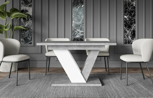 Zimmer: Esszimmer, Breite der Tischplatte: 120 cm, Ausgeklappter Tisch: 160 cm, Art des Gestells: V-Gestell, Form: rechteckig, Farbe der Tischplatte: Grau, Art der Erweiterung: Einlegeplatte, Oberflächenoptik: Betonoptik, Dicke der Tischplatte: 3,2 cm, Erweiterungselemente: 1, Anzahl der Beine: 1, Material der Gestells: Holzwerkstoff, Farbe: Betonoptik / Weiß, Farbe des Gestells: Weiß Grau, Breite: 120 cm, Tiefe: 80 cm, Höhe: 75 cm, Art des Erweiterungs: Einlegeplatte, Material des Gestells: Holzwerkstoff - 1