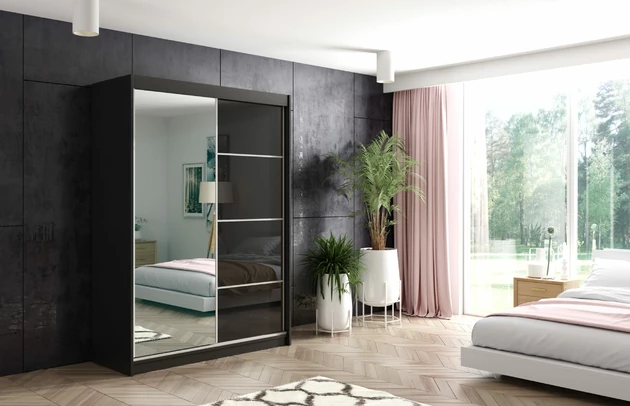 Farbe: Schwarz, Abmeßung: 120 cm x 61 cm x 216 cm, Ausstattung: Mit Spiegel, Art des Leuchtmittels: Mit LED, Zimmer: Schlafzimmer, Anzahl der Türen: 2, Anzahl der Kleiderstangen: 1, Anzahl der Fächer: 7, Front-Typ: Lacobel, Art der Griffe: Griffleiste, Art der Türen: Schwebetüren, Breite: 120 cm, Tiefe: 61 cm, Höhe: 216 cm, Länge der Kleiderstange 1: 58 cm, Länge der Kleiderstange 2: Nicht zutreffend, Fachinnenmaß - Höhe: 34 cm, Fachinnenmaß 2 - Höhe: 41 cm, Fachinnenmaß - Breite: 63 cm, Fachinnenmaß 2 - Breite: 58 cm, Fachinnenmaß - Tiefe: 47 cm, Schubladeninnenmaß - Höhe: Nicht zutreffend, Schubladeninnenmaß - Tiefe: Nicht zutreffend, Material: Holzwerkstoff, Material der Rückwand: MDF - 1