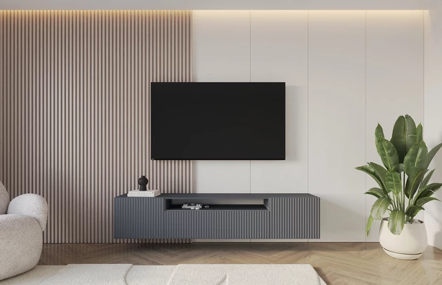 Material: Holzwerkstoff, Material der Rückwand: MDF, Ausführung: Hängend, Größe: 200 cm, Farbe: Graphit, Zimmer: Wohnzimmer, Anzahl der Türen: 3, Front-Typ: Gefräste, Art der Griffe: Griffleiste, Art der Türen: Klapptür, Breite: 200 cm, Tiefe: 41 cm, Höhe: 40 cm, Geschlossene Fächer: 3, Offene Fächer: 1, Höhe der Füße: Nicht zutreffend, Anzahl der Teile: 1 - 1
