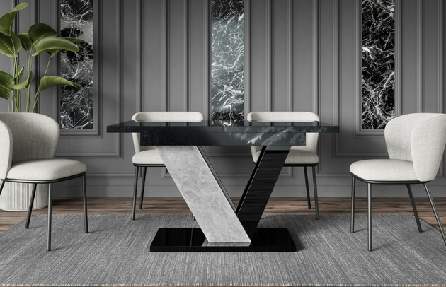 Zimmer: Esszimmer, Breite der Tischplatte: 120 cm, Ausgeklappter Tisch: 160 cm, Art des Gestells: V-Gestell, Form: rechteckig, Farbe der Tischplatte: Schwarz, Art der Erweiterung: Einlegeplatte, Oberflächenoptik: Glänzend, Dicke der Tischplatte: 3,2 cm, Erweiterungselemente: 1, Anzahl der Beine: 1, Material der Gestells: Holzwerkstoff, Farbe: Hochglanz Schwarz / Betonoptik, Farbe des Gestells: Schwarz Grau, Breite: 120 cm, Tiefe: 80 cm, Höhe: 75 cm, Art des Erweiterungs: Einlegeplatte, Material des Gestells: Holzwerkstoff - 1