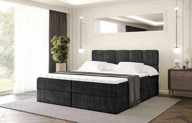 Stoffbeschreibung: Polsterstoff Casablanca: „Pet-friendly“, leicht zu reinigen (CleanBOO+), wasserabweisend mit Lotuseffekt, scheuerfest (45.000 Martindale- Zyklen), Gewicht 310g/m2 ±5 %, Bezug: Samt, Farbe: Schwarz - Casablanca 2316, Zimmer: Schlafzimmer, Länge: 207 cm, Breite: 180 cm, Höhe: 105 cm, Größe: 180x200 cm, Länge der Schlaffläche: 200 cm, Breite der Schlaffläche: 180 cm, Liegehöhe: 55 cm, Höhe der Matratze: 20 cm, Matratze: Bonellfederung, Farbe des Toppers: Weiß, Höhe des Toppers: 5 cm, Material des Toppers: Schaumstoff, Bettkasten: Ja, Anzahl der Bettkasten: 2, Höhe des Bettkastens: 30 cm, Höhe des Kopfteils: 105 cm, Material der Füße: Plastik, Höhe der Füße: 2 cm, Dicke des Kopfteils: 8 cm, Dicke des Fußteils: 7 cm, Gepolsterte Rückseite: Nein, Härtegrad der Matratze: H3 - 1