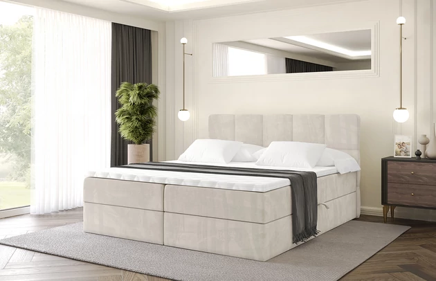 Stoffbeschreibung: Polsterstoff Casablanca: „Pet-friendly“, leicht zu reinigen (CleanBOO+), wasserabweisend mit Lotuseffekt, scheuerfest (45.000 Martindale- Zyklen), Gewicht 310g/m2 ±5 %, Bezug: Samt, Farbe: Beige - Casablanca 2301, Zimmer: Schlafzimmer, Länge: 207 cm, Breite: 120 cm, Höhe: 105 cm, Größe: 120x200 cm, Länge der Schlaffläche: 200 cm, Breite der Schlaffläche: 120 cm, Liegehöhe: 55 cm, Höhe der Matratze: 20 cm, Matratze: Bonellfederung, Farbe des Toppers: Weiß, Höhe des Toppers: 5 cm, Material des Toppers: Schaumstoff, Bettkasten: Ja, Anzahl der Bettkasten: 2, Höhe des Bettkastens: 30 cm, Höhe des Kopfteils: 105 cm, Material der Füße: Plastik, Höhe der Füße: 2 cm, Dicke des Kopfteils: 8 cm, Dicke des Fußteils: 7 cm, Gepolsterte Rückseite: Nein, Härtegrad der Matratze: H3 - 1