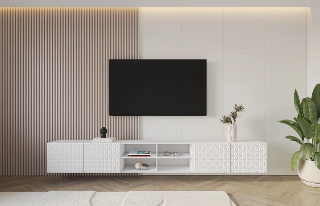Material: Holzwerkstoff, Material der Rückwand: MDF, Ausführung: Hängend, Größe: 3 x 100 cm, Farbe: Weiß, Zimmer: Wohnzimmer, Anzahl der Türen: 4, Front-Typ: Gefräste, Art der Griffe: Griffleiste, Art der Türen: Klapptür, Breite: 300 cm, Tiefe: 40 cm, Höhe: 40 cm, Geschlossene Fächer: 8, Offene Fächer: 4, Anzahl der Teile: 3 - 1