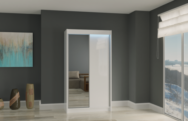 Art der Griffe: Griffleiste, Front-Typ: Glatt, Abmeßung: 120 cm x 61 cm x 216 cm, Anzahl der Kleiderstangen: 1, Anzahl der Spiegel: 1, Anzahl der Türen: 2, Fachinnenmaß - Tiefe: 47 cm, Zimmer: Schlafzimmer, Art des Leuchtmittels: Mit LED, Farbe: Weiß, Breite: 120 cm, Tiefe: 61 cm, Anzahl der Fächer: 7, Art der Türen: Schwebetüren, Fachinnenmaß 2 - Breite: 58 cm, Material der Rückwand: MDF, Höhe: 216 cm, Länge der Kleiderstange 1: 58 cm, Fachinnenmaß - Höhe: 34 cm, Fachinnenmaß 2 - Höhe: 41 cm, Fachinnenmaß - Breite: 63 cm, Länge der Kleiderstangen: 58 cm, Breite des Fachinnenmaßes: 41 cm, Breite des Fachinnenmaßes 2: 58 cm, Größe: 120 cm x 61 cm x 216 cm - 1