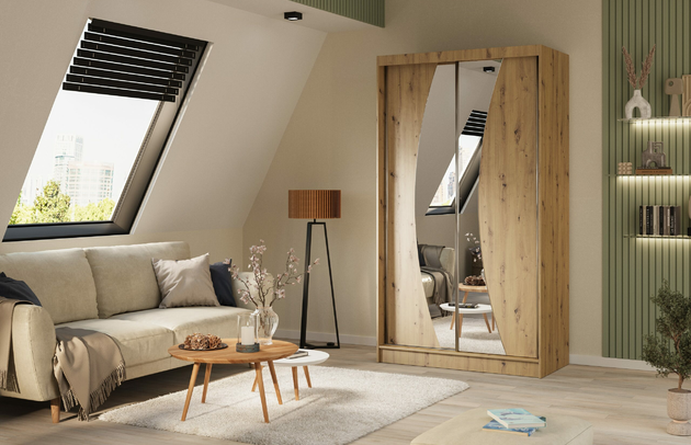 Art der Griffe: Griffleiste, Höhe: 216 cm, Abmeßung: 120 cm x 61 cm x 216 cm, Anzahl der Schubladen: Nicht zutreffend, Anzahl der Fächer: 7, Anzahl der Kleiderstangen: 1, Schubladeninnenmaß - Tiefe: Nicht zutreffend, Anzahl der Spiegel: 2, Anzahl der Türen: 2, Zimmer: Schlafzimmer, Art des Leuchtmittels: Mit LED, Farbe: Eiche Artisan, Art der Türen: Schwebetüren, Front-Typ: Glatt, Breite: 120 cm, Schubladeninnenmaß - Höhe: Nicht zutreffend, Tiefe: 61 cm, Material der Rückwand: MDF, Länge der Kleiderstange 1: 58 cm, Länge der Kleiderstange 2: Nicht zutreffend, Fachinnenmaß - Höhe: 34 cm, Fachinnenmaß 2 - Höhe: 41 cm, Fachinnenmaß - Breite: 63 cm, Fachinnenmaß 2 - Breite: 58 cm, Fachinnenmaß - Tiefe: 47 cm, Länge der Kleiderstangen: 58 cm, Breite des Fachinnenmaßes: 41 cm, Breite des Fachinnenmaßes 2: 58 cm, Material: Holzwerkstoff, Größe: 120 cm x 61 cm x 216 cm - 1