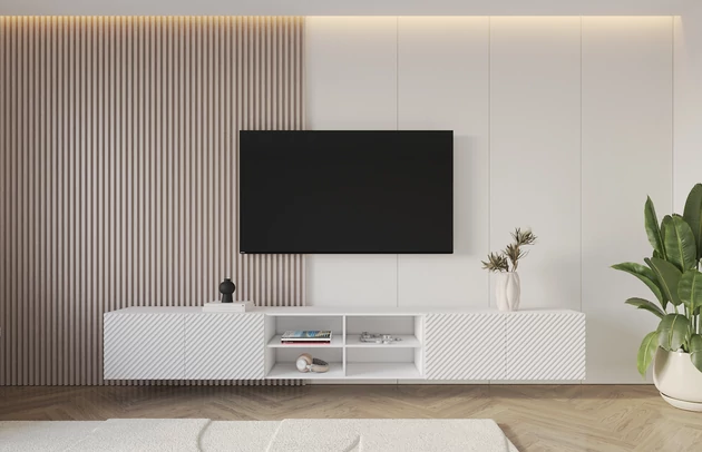 Material: Holzwerkstoff, Material der Rückwand: MDF, Ausführung: Hängend, Größe: 3 x 100 cm, Farbe: Weiß, Zimmer: Wohnzimmer, Anzahl der Türen: 4, Front-Typ: Gefräste, Art der Griffe: Griffleiste, Art der Türen: Klapptür, Breite: 300 cm, Tiefe: 40 cm, Höhe: 40 cm, Geschlossene Fächer: 8, Offene Fächer: 4, Anzahl der Teile: 3 - 1
