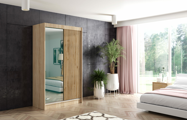 Fachinnenmaß - Höhe: 32 cm, Fachinnenmaß 2 - Höhe: 58 cm, Abmeßung: 120-cm-x-61-cm-x-215-cm, Front-Typ: Lamellen, Farbe: Eiche Sonoma + Eiche Sonoma + Lamelle Eiche Wotan, Art der Türen: Schwebetüren, Zimmer: Schlafzimmer, Anzahl der Spiegel: 1, Anzahl der Türen: 2, Fachinnenmaß - Tiefe: 47 cm, Anzahl der Fächer: 6, Höhe: 215 cm, Breite: 120 cm, Anzahl der Kleiderstangen: 1, Art der Griffe: Griffleiste, Fachinnenmaß - Breite: 40 cm, Fachinnenmaß 2 - Breite: 45 cm, Länge der Kleiderstange 1: 70 cm, Material der Rückwand: MDF, Tiefe: 61 cm, Art des Leuchtmittels: Mit LED, Länge der Kleiderstangen: 70 cm, Breite des Fachinnenmaßes: 58 cm, Breite des Fachinnenmaßes 2: 45 cm, Größe: 120 cm x 61 cm x 215 cm - 1