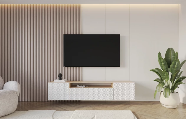 Material: Holzwerkstoff, Material der Rückwand: MDF, Ausführung: Hängend, Größe: 200 cm, Farbe: Artisan und Weiß, Zimmer: Wohnzimmer, Anzahl der Türen: 3, Front-Typ: Gefräste, Art der Griffe: Griffleiste, Art der Türen: Klapptür, Breite: 200 cm, Tiefe: 41 cm, Höhe: 40 cm, Geschlossene Fächer: 3, Offene Fächer: 1, Anzahl der Teile: 1 - 1