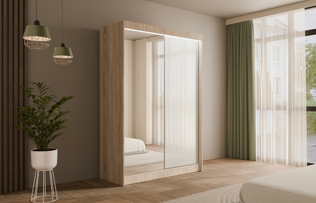 Höhe: 215 cm, Anzahl der Kleiderstangen: 1, Abmeßung: 120-cm-x-61-cm-x-215-cm, Farbe: Eiche Sonoma + Lacobel Weiß, Zimmer: Schlafzimmer, Breite: 120 cm, Fachinnenmaß - Tiefe: 47 cm, Anzahl der Spiegel: 1, Art der Türen: Schwebetüren, Anzahl der Fächer: 6, Front-Typ: Lacobel, Anzahl der Türen: 2, Fachinnenmaß - Höhe: 32 cm, Fachinnenmaß - Breite: 40 cm, Fachinnenmaß 2 - Höhe: 58 cm, Art der Griffe: Griffleiste, Fachinnenmaß 2 - Breite: 45 cm, Länge der Kleiderstange 2: Nicht zutreffend, Länge der Kleiderstange 1: 70 cm, Material der Rückwand: MDF, Tiefe: 61 cm, Art des Leuchtmittels: Mit LED, Länge der Kleiderstangen: 70 cm, Breite des Fachinnenmaßes: 58 cm, Breite des Fachinnenmaßes 2: 45 cm, Material: Holzwerkstoff, Größe: 120 cm x 61 cm x 215 cm - 1