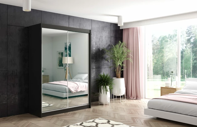 Farbe: Schwarz, Größe: 120 cm x 61 cm x 216 cm, Art der Griffe: Griffleiste, Höhe: 216 cm, Anzahl der Fächer: 7, Anzahl der Kleiderstangen: 1, Anzahl der Spiegel: 2, Anzahl der Türen: 2, Zimmer: Schlafzimmer, Art des Leuchtmittels: Mit LED, Art der Türen: Schwebetüren, Front-Typ: Spiegelglass, Breite: 120 cm, Tiefe: 61 cm, Material der Rückwand: MDF, Länge der Kleiderstange 1: 58 cm, Fachinnenmaß - Höhe: 34 cm, Fachinnenmaß 2 - Höhe: 41 cm, Fachinnenmaß - Breite: 63 cm, Fachinnenmaß 2 - Breite: 58 cm, Fachinnenmaß - Tiefe: 47 cm, Länge der Kleiderstangen: 58 cm, Breite des Fachinnenmaßes: 41 cm, Breite des Fachinnenmaßes 2: 58 cm, Material: Holzwerkstoff - 1