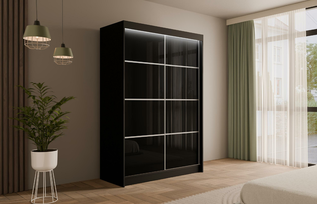 Höhe: 215 cm, Fachinnenmaß - Höhe: 32 cm, Front-Typ: Lacobel, Anzahl der Türen: 2, Art der Griffe: Griffleiste, Tiefe: 61 cm, Farbe: Schwarz + silber Sprossen, Fachinnenmaß - Tiefe: 47 cm, Art der Türen: Schwebetüren, Anzahl der Fächer: 6, Zimmer: Schlafzimmer, Fachinnenmaß - Breite: 40 cm, Anzahl der Kleiderstangen: 1, Fachinnenmaß 2 - Höhe: 58 cm, Breite: 120 cm, Fachinnenmaß 2 - Breite: 45 cm, Länge der Kleiderstange 1: 70 cm, Material der Rückwand: MDF, Art des Leuchtmittels: Mit LED, Länge der Kleiderstangen: 70 cm, Breite des Fachinnenmaßes: 58 cm, Breite des Fachinnenmaßes 2: 45 cm, Größe: 120 cm x 61 cm x 215 cm - 1