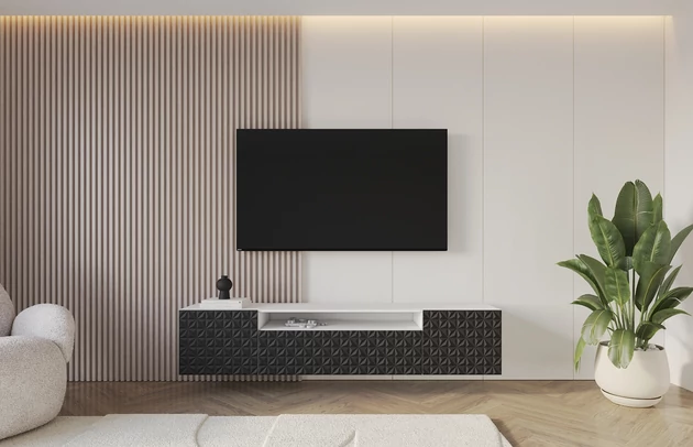 Material: Holzwerkstoff, Material der Rückwand: MDF, Ausführung: Hängend, Größe: 200 cm, Farbe: Weiß und Schwarz, Zimmer: Wohnzimmer, Anzahl der Türen: 3, Front-Typ: Gefräste, Art der Griffe: Griffleiste, Art der Türen: Klapptür, Breite: 200 cm, Tiefe: 41 cm, Höhe: 40 cm, Geschlossene Fächer: 3, Offene Fächer: 1, Anzahl der Teile: 1 - 1