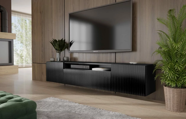 Material: Holzwerkstoff, Material der Rückwand: MDF, Ausführung: Hängend, Größe: 200 cm, Farbe: Schwarz, Zimmer: Wohnzimmer, Anzahl der Türen: 3, Front-Typ: Gefräste, Art der Griffe: Griffleiste, Art der Türen: Klapptür, Breite: 200 cm, Tiefe: 41 cm, Höhe: 40 cm, Geschlossene Fächer: 3, Offene Fächer: 1 - 1