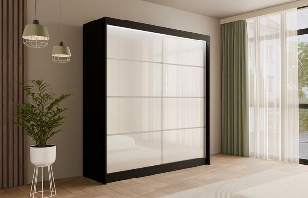 Höhe: 215 cm, Fachinnenmaß - Höhe: 32 cm, Front-Typ: Lacobel, Anzahl der Türen: 2, Art der Griffe: Griffleiste, Tiefe: 61 cm, Farbe: Schwarz + Lacobel Weiß, Fachinnenmaß - Tiefe: 47 cm, Art der Türen: Schwebetüren, Anzahl der Fächer: 8, Zimmer: Schlafzimmer, Fachinnenmaß - Breite: 41 cm, Anzahl der Kleiderstangen: 2, Fachinnenmaß 2 - Höhe: 114 cm, Breite: 200 cm, Fachinnenmaß 2 - Breite: 48 cm, Länge der Kleiderstange 2: 98 cm, Länge der Kleiderstange 1: 48 cm, Material der Rückwand: MDF, Art des Leuchtmittels: Mit LED, Länge der Kleiderstangen: 48 cm, Breite des Fachinnenmaßes: 114 cm, Breite des Fachinnenmaßes 2: 48 cm, Größe: 200 cm x 61 cm x 215 cm - 1