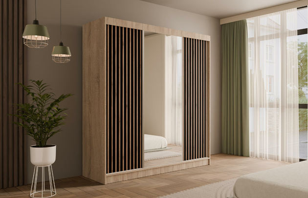 Höhe: 215 cm, Fachinnenmaß - Höhe: 35 cm, Zimmer: Schlafzimmer, Art der Griffe: Griffleiste, Front-Typ: Lamellen, Farbe: Eiche Sonoma + Schwarz, Tiefe: 61 cm, Schubladeninnenmaß - Breite: 55 cm, Anzahl der Türen: 3, Anzahl der Spiegel: 1, Breite: 200 cm, Art der Türen: Schwebetüren, Schubladeninnenmaß - Höhe: 15 cm, Material der Rückwand: MDF, Schubladeninnenmaß - Tiefe: 40 cm, Länge der Kleiderstange 1: 78 cm, Länge der Kleiderstange 2: 78 cm, Anzahl der Fächer: 8, Fachinnenmaß - Breite: 36 cm, Fachinnenmaß 2 - Höhe: 58 cm, Fachinnenmaß 2 - Breite: 58 cm, Fachinnenmaß - Tiefe: 47 cm, Anzahl der Kleiderstangen: 2, Anzahl der Schubladen: 4, Länge der Kleiderstangen: 78 cm, Breite des Fachinnenmaßes: 58 cm, Breite des Fachinnenmaßes 2: 58 cm, Größe: 200 cm x 61 cm x 215 cm - 1