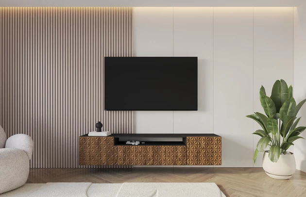 Material: Holzwerkstoff, Material der Rückwand: MDF, Ausführung: Hängend, Größe: 200 cm, Farbe: Schwarz und Katania, Zimmer: Wohnzimmer, Anzahl der Türen: 3, Front-Typ: Gefräste, Art der Griffe: Griffleiste, Art der Türen: Klapptür, Breite: 200 cm, Tiefe: 41 cm, Höhe: 40 cm, Geschlossene Fächer: 3, Offene Fächer: 1, Anzahl der Teile: 1 - 1