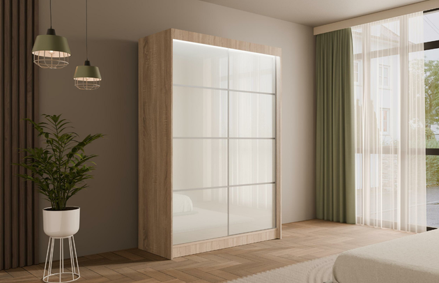 Höhe: 215 cm, Fachinnenmaß - Höhe: 32 cm, Abmeßung: 120-cm-x-61-cm-x-215-cm, Front-Typ: Lacobel, Anzahl der Türen: 2, Art der Griffe: Griffleiste, Tiefe: 61 cm, Farbe: Eiche Sonoma + Lacobel Weiß, Fachinnenmaß - Tiefe: 47 cm, Art der Türen: Schwebetüren, Anzahl der Fächer: 6, Zimmer: Schlafzimmer, Fachinnenmaß - Breite: 40 cm, Anzahl der Kleiderstangen: 1, Fachinnenmaß 2 - Höhe: 58 cm, Breite: 120 cm, Fachinnenmaß 2 - Breite: 45 cm, Länge der Kleiderstange 1: 70 cm, Material der Rückwand: MDF, Art des Leuchtmittels: Mit LED, Länge der Kleiderstangen: 70 cm, Breite des Fachinnenmaßes: 58 cm, Breite des Fachinnenmaßes 2: 45 cm, Größe: 120 cm x 61 cm x 215 cm - 1