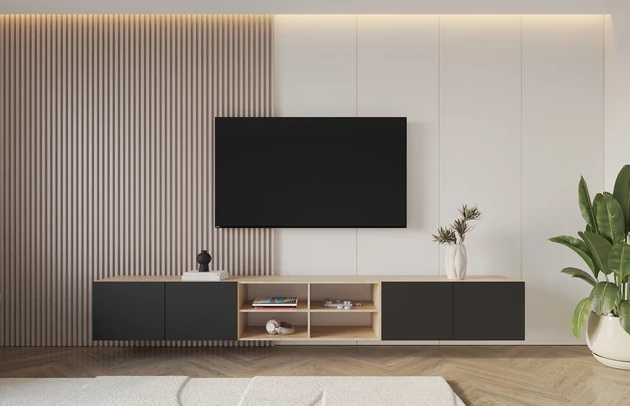 Material: Holzwerkstoff, Material der Rückwand: MDF, Ausführung: Hängend, Größe: 3 x 100 cm, Farbe: Artisan und Schwarz, Zimmer: Wohnzimmer, Anzahl der Türen: 4, Front-Typ: Glatt, Art der Griffe: Griffleiste, Art der Türen: Klapptür, Breite: 300 cm, Tiefe: 40 cm, Höhe: 40 cm, Geschlossene Fächer: 8, Offene Fächer: 4, Anzahl der Teile: 3 - 1