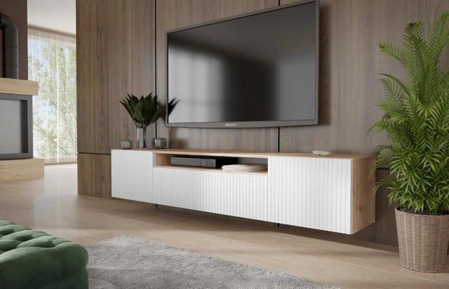 Material: Holzwerkstoff, Material der Rückwand: MDF, Ausführung: Hängend, Größe: 200 cm, Farbe: Artisan und Weiß, Zimmer: Wohnzimmer, Anzahl der Türen: 3, Front-Typ: Gefräste, Art der Griffe: Griffleiste, Art der Türen: Klapptür, Breite: 200 cm, Tiefe: 41 cm, Höhe: 40 cm, Geschlossene Fächer: 3, Offene Fächer: 1 - 1