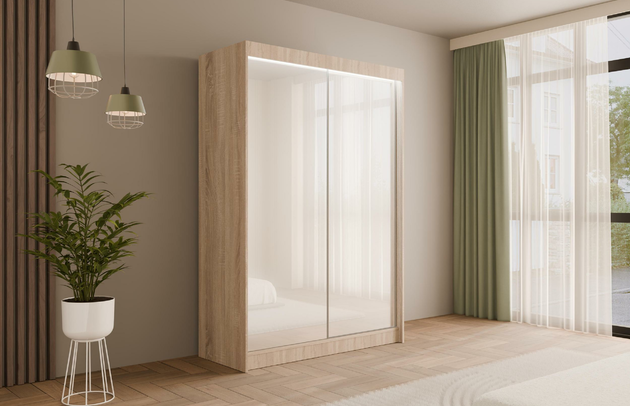 Höhe: 215 cm, Fachinnenmaß - Höhe: 32 cm, Abmeßung: 120-cm-x-61-cm-x-215-cm, Front-Typ: Lacobel, Anzahl der Türen: 2, Art der Griffe: Griffleiste, Tiefe: 61 cm, Farbe: Eiche Sonoma + Lacobel Weiß, Fachinnenmaß - Tiefe: 47 cm, Art der Türen: Schwebetüren, Anzahl der Fächer: 6, Zimmer: Schlafzimmer, Fachinnenmaß - Breite: 40 cm, Anzahl der Kleiderstangen: 1, Fachinnenmaß 2 - Höhe: 58 cm, Breite: 120 cm, Fachinnenmaß 2 - Breite: 45 cm, Länge der Kleiderstange 1: 70 cm, Material der Rückwand: MDF, Art des Leuchtmittels: Mit LED, Länge der Kleiderstangen: 70 cm, Breite des Fachinnenmaßes: 58 cm, Breite des Fachinnenmaßes 2: 45 cm, Größe: 120 cm x 61 cm x 215 cm - 1