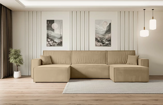 Bezug: Samt, Farbe: Beige - Kronos 35, Stellvariante: U-Form, Stoffbeschreibung: KRONOS: Scheuerfester (50.000 Martindale-Zyklen), flauschiger Möbelstoff mit weicher Plüschoberfläche, lichtecht (5), reibecht (4-5), pillingarm (4). Gewicht 275 g/m2 ±5%., Materialzusammensetzung: 100% Polyester, Pilling Resistenz: 5, Abriebfestigkeit: 5, Scheuerbeständigkeit: 50000 Martindale-Zyklen, Zimmer: Wohnzimmer, Tiefe: 143 cm, Breite: 377 cm, Höhe: 83 cm, Schlaffunktion: Mit Schlaffunktion, Länge der Schlaffläche: 330 cm, Breite der Schlaffläche: 130-cm, Liegehöhe: 40 cm, Anzahl der Sitzflächen: 4, Sitzfüllung: Wellenfeder + T30-Schaumstoff, Anzahl der Rückenkissen: 3, Art der Rückenkissen: Abnehmabr, Annzahl der Sitzkissen: 3, Anzahl der Zierkissen: 2, Material der Füße: Kunststoff, Höhe der Füße: 3,5 cm, Farbe der Füße: Schwarz, Tiefe der Armlehnen: 88 cm, Breite der Armlehnen: 23 cm, Breite der Ottomane: 100 cm, Tiefe der Ottomane: 107 cm, Tiefe der Sitzfläche: 52 cm, Sitzhöhe: 40 cm, Art des Stauraumes: Innenfach geschlossen - 1