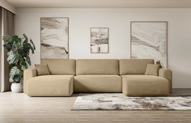 Bezug: Samt, Farbe: Beige - Kronos 35, Stellvariante: U-Form, Stoffbeschreibung: KRONOS: Scheuerfester (50.000 Martindale-Zyklen), flauschiger Möbelstoff mit weicher Plüschoberfläche, lichtecht (5), reibecht (4-5), pillingarm (4). Gewicht 275 g/m2 ±5%., Materialzusammensetzung: 100% Polyester, Pilling Resistenz: 5, Abriebfestigkeit: 5, Scheuerbeständigkeit: 50000 Martindale-Zyklen, Zimmer: Wohnzimmer, Tiefe: 145 cm, Breite: 362 cm, Höhe: 83 cm, Schlaffunktion: Mit Schlaffunktion, Länge der Schlaffläche: 321 cm, Breite der Schlaffläche: 125-cm, Liegehöhe: 40 cm, Anzahl der Sitzflächen: 4, Sitzfüllung: Wellenfeder + T30-Schaumstoff, Anzahl der Rückenkissen: 3, Art der Rückenkissen: Abnehmabr, Annzahl der Sitzkissen: 3, Anzahl der Zierkissen: 2, Material der Füße: Kunststoff, Höhe der Füße: 3,5 cm, Farbe der Füße: Schwarz, Tiefe der Armlehnen: 90 cm, Breite der Armlehnen: 22 cm, Breite der Ottomane: 93 cm, Tiefe der Ottomane: 106 cm, Tiefe der Sitzfläche: 50 cm, Sitzhöhe: 40 cm, Art des Stauraumes: Innenfach geschlossen - 1