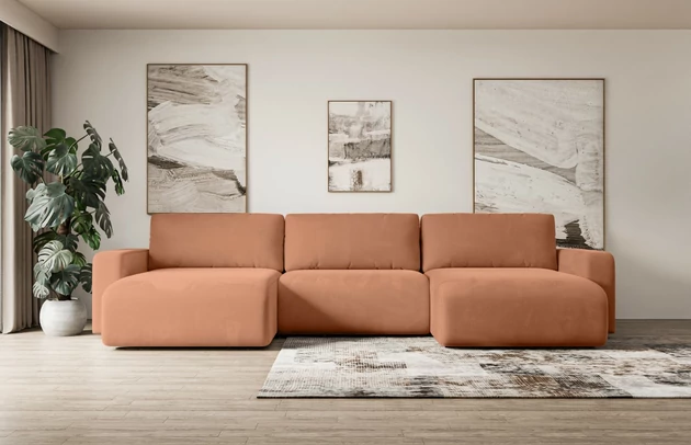 Bezug: Samt, Farbe: Apricot - Kronos 41, Stellvariante: U-Form, Stoffbeschreibung: KRONOS: Scheuerfester (50.000 Martindale-Zyklen), flauschiger Möbelstoff mit weicher Plüschoberfläche, lichtecht (5), reibecht (4-5), pillingarm (4). Gewicht 275 g/m2 ±5%., Materialzusammensetzung: 100% Polyester, Pilling Resistenz: 5, Abriebfestigkeit: 5, Scheuerbeständigkeit: 50000 Martindale-Zyklen, Zimmer: Wohnzimmer, Tiefe: 143 cm, Breite: 347 cm, Höhe: 83 cm, Schlaffunktion: Mit Schlaffunktion, Länge der Schlaffläche: 305 cm, Breite der Schlaffläche: 123-cm, Liegehöhe: 40 cm, Anzahl der Sitzflächen: 4, Sitzfüllung: Wellenfeder + T30-Schaumstoff, Anzahl der Rückenkissen: 3, Art der Rückenkissen: Abnehmabr, Annzahl der Sitzkissen: 3, Material der Füße: Kunststoff, Höhe der Füße: 3,5 cm, Farbe der Füße: Schwarz, Tiefe der Armlehnen: 88 cm, Breite der Armlehnen: 23 cm, Breite der Ottomane: 100 cm, Tiefe der Ottomane: 107 cm, Tiefe der Sitzfläche: 52 cm, Sitzhöhe: 40 cm, Art des Stauraumes: Innenfach geschlossen - 1