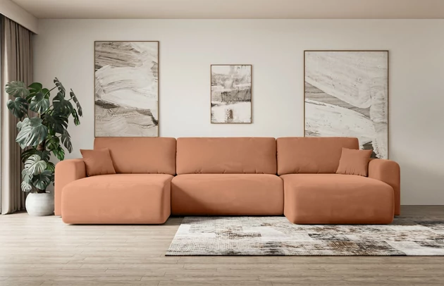 Bezug: Samt, Farbe: Apricot - Kronos 41, Stellvariante: U-Form, Stoffbeschreibung: KRONOS: Scheuerfester (50.000 Martindale-Zyklen), flauschiger Möbelstoff mit weicher Plüschoberfläche, lichtecht (5), reibecht (4-5), pillingarm (4). Gewicht 275 g/m2 ±5%., Materialzusammensetzung: 100% Polyester, Pilling Resistenz: 5, Abriebfestigkeit: 5, Scheuerbeständigkeit: 50000 Martindale-Zyklen, Zimmer: Wohnzimmer, Tiefe: 145 cm, Breite: 362 cm, Höhe: 83 cm, Schlaffunktion: Mit Schlaffunktion, Länge der Schlaffläche: 321 cm, Breite der Schlaffläche: 125-cm, Liegehöhe: 40 cm, Anzahl der Sitzflächen: 4, Sitzfüllung: Wellenfeder + T30-Schaumstoff, Anzahl der Rückenkissen: 3, Art der Rückenkissen: Abnehmabr, Annzahl der Sitzkissen: 3, Anzahl der Zierkissen: 2, Material der Füße: Kunststoff, Höhe der Füße: 3,5 cm, Farbe der Füße: Schwarz, Tiefe der Armlehnen: 90 cm, Breite der Armlehnen: 22 cm, Breite der Ottomane: 93 cm, Tiefe der Ottomane: 106 cm, Tiefe der Sitzfläche: 50 cm, Sitzhöhe: 40 cm, Art des Stauraumes: Innenfach geschlossen - 1