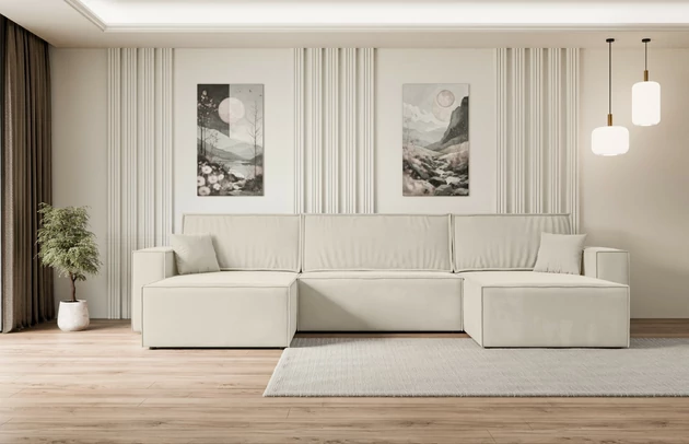 Bezug: Samt, Farbe: Beige - Paros 01, Stellvariante: U-Form, Stoffbeschreibung: paros-ist-ein-sehr-weicher-mobelstoff-mit-einer-angenehmen-haptik-50-000-martindale-zyklen-100-pes-pillingarm4-5-reibecht4-5-lichtecht67-gewicht-260-g-m2-±5, Materialzusammensetzung: 100% Polyester, Pilling Resistenz: 5, Abriebfestigkeit: 5, Scheuerbeständigkeit: 50000 Martindale-Zyklen, Zimmer: Wohnzimmer, Tiefe: 143 cm, Breite: 377 cm, Höhe: 83 cm, Schlaffunktion: Mit Schlaffunktion, Länge der Schlaffläche: 330 cm, Breite der Schlaffläche: 130-cm, Liegehöhe: 40 cm, Anzahl der Sitzflächen: 4, Sitzfüllung: Wellenfeder + T30-Schaumstoff, Anzahl der Rückenkissen: 3, Art der Rückenkissen: Abnehmabr, Annzahl der Sitzkissen: 3, Anzahl der Zierkissen: 2, Material der Füße: Kunststoff, Höhe der Füße: 3,5 cm, Farbe der Füße: Schwarz, Tiefe der Armlehnen: 88 cm, Breite der Armlehnen: 23 cm, Breite der Ottomane: 100 cm, Tiefe der Ottomane: 107 cm, Tiefe der Sitzfläche: 52 cm, Sitzhöhe: 40 cm, Art des Stauraumes: Innenfach geschlossen - 1