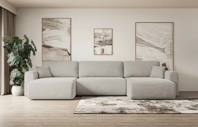 Bezug: Samt, Farbe: Hellbraun - Paros 02, Stellvariante: U-Form, Stoffbeschreibung: paros-ist-ein-sehr-weicher-mobelstoff-mit-einer-angenehmen-haptik-50-000-martindale-zyklen-100-pes-pillingarm4-5-reibecht4-5-lichtecht67-gewicht-260-g-m2-±5, Materialzusammensetzung: 100% Polyester, Pilling Resistenz: 5, Abriebfestigkeit: 5, Scheuerbeständigkeit: 50000 Martindale-Zyklen, Zimmer: Wohnzimmer, Tiefe: 145 cm, Breite: 362 cm, Höhe: 83 cm, Schlaffunktion: Mit Schlaffunktion, Länge der Schlaffläche: 321 cm, Breite der Schlaffläche: 125-cm, Liegehöhe: 40 cm, Anzahl der Sitzflächen: 4, Sitzfüllung: Wellenfeder + T30-Schaumstoff, Anzahl der Rückenkissen: 3, Art der Rückenkissen: Abnehmabr, Annzahl der Sitzkissen: 3, Anzahl der Zierkissen: 2, Material der Füße: Kunststoff, Höhe der Füße: 3,5 cm, Farbe der Füße: Schwarz, Tiefe der Armlehnen: 90 cm, Breite der Armlehnen: 22 cm, Breite der Ottomane: 93 cm, Tiefe der Ottomane: 106 cm, Tiefe der Sitzfläche: 50 cm, Sitzhöhe: 40 cm, Art des Stauraumes: Innenfach geschlossen - 1