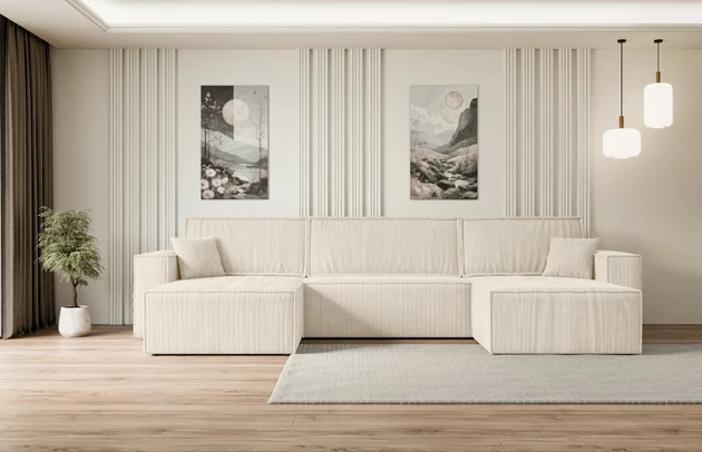 Bezug: Cord, Farbe: Beige - Poso 105, Stellvariante: U-Form, Stoffbeschreibung: POSO ist ein angenehm anzufühlender Velours mit Kordstruktur (35000 MartindaleZyklen) und leicht zu reinigender Möbellstoff, lichtecht (5) und pillingarm (5), Gewicht 380 g/m2 ±5%, Materialzusammensetzung: 90% Polyseter, 10% Nylon, Pilling Resistenz: 5, Abriebfestigkeit: 5, Scheuerbeständigkeit: 30000 Martindale-Zyklen, Zimmer: Wohnzimmer, Tiefe: 143 cm, Breite: 377 cm, Höhe: 83 cm, Schlaffunktion: Mit Schlaffunktion, Länge der Schlaffläche: 330 cm, Breite der Schlaffläche: 130-cm, Liegehöhe: 40 cm, Anzahl der Sitzflächen: 4, Sitzfüllung: Wellenfeder + T30-Schaumstoff, Anzahl der Rückenkissen: 3, Art der Rückenkissen: Abnehmabr, Annzahl der Sitzkissen: 3, Anzahl der Zierkissen: 2, Material der Füße: Kunststoff, Höhe der Füße: 3,5 cm, Farbe der Füße: Schwarz, Tiefe der Armlehnen: 88 cm, Breite der Armlehnen: 23 cm, Breite der Ottomane: 100 cm, Tiefe der Ottomane: 107 cm, Tiefe der Sitzfläche: 52 cm, Sitzhöhe: 40 cm, Art des Stauraumes: Innenfach geschlossen - 1