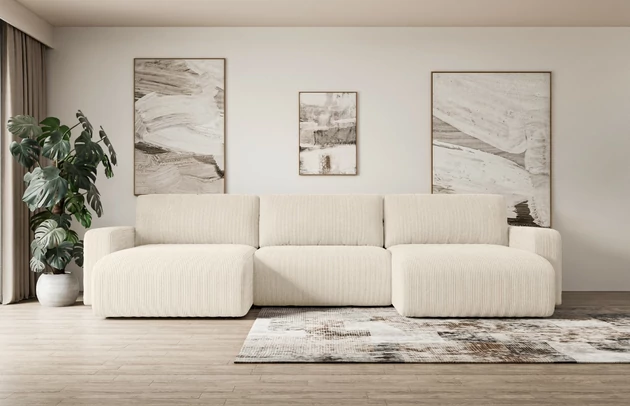 Bezug: Cord, Farbe: Beige - Poso 105, Stellvariante: U-Form, Stoffbeschreibung: POSO ist ein angenehm anzufühlender Velours mit Kordstruktur (35000 MartindaleZyklen) und leicht zu reinigender Möbellstoff, lichtecht (5) und pillingarm (5), Gewicht 380 g/m2 ±5%, Materialzusammensetzung: 90% Polyseter, 10% Nylon, Pilling Resistenz: 5, Abriebfestigkeit: 5, Scheuerbeständigkeit: 30000 Martindale-Zyklen, Zimmer: Wohnzimmer, Tiefe: 143 cm, Breite: 347 cm, Höhe: 83 cm, Schlaffunktion: Mit Schlaffunktion, Länge der Schlaffläche: 305 cm, Breite der Schlaffläche: 123-cm, Liegehöhe: 40 cm, Anzahl der Sitzflächen: 4, Sitzfüllung: Wellenfeder + T30-Schaumstoff, Anzahl der Rückenkissen: 3, Art der Rückenkissen: Abnehmabr, Annzahl der Sitzkissen: 3, Material der Füße: Kunststoff, Höhe der Füße: 3,5 cm, Farbe der Füße: Schwarz, Tiefe der Armlehnen: 88 cm, Breite der Armlehnen: 23 cm, Breite der Ottomane: 100 cm, Tiefe der Ottomane: 107 cm, Tiefe der Sitzfläche: 52 cm, Sitzhöhe: 40 cm, Art des Stauraumes: Innenfach geschlossen - 1